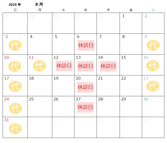 2025年8月の代理診療のご案内