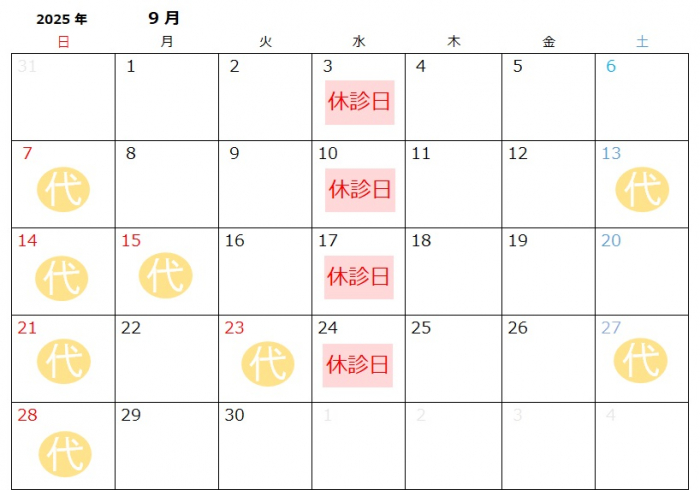 2025年9月の代理診療のご案内