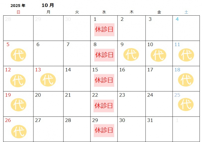 2025年10月の代理診療のご案内